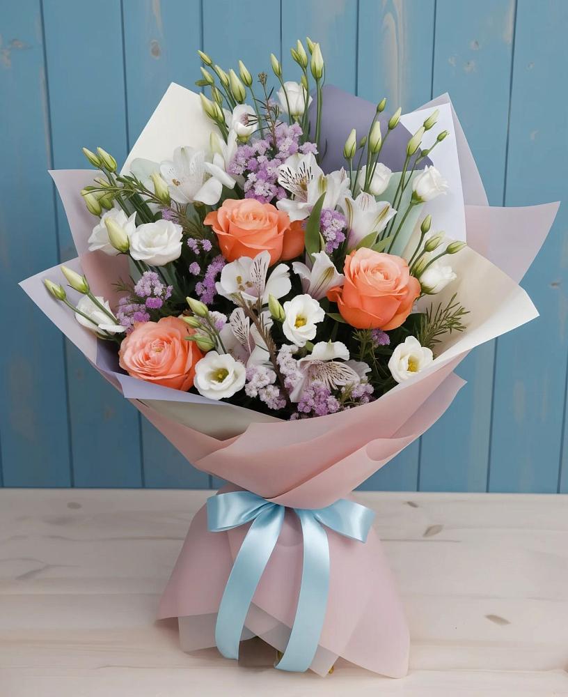 Букет цветов из: Лизиантусы, Розы, Альстромерии и Гипсофила в Селенгинске